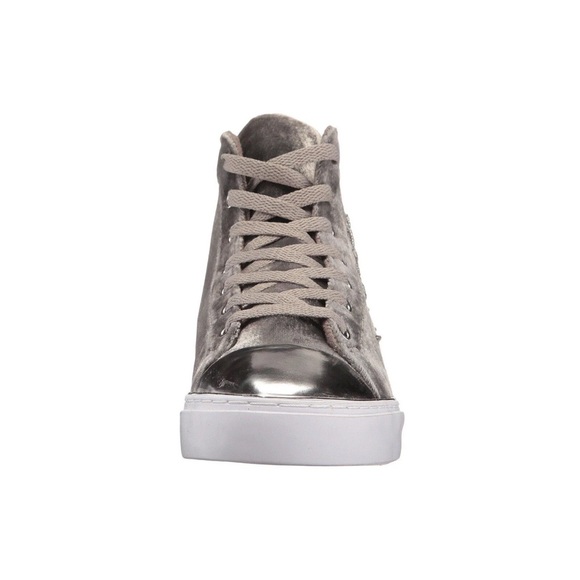 $109 Guess Women’s G Force Beaded High Top Velvet Sneakers Light Grey - Picture 2 of 6